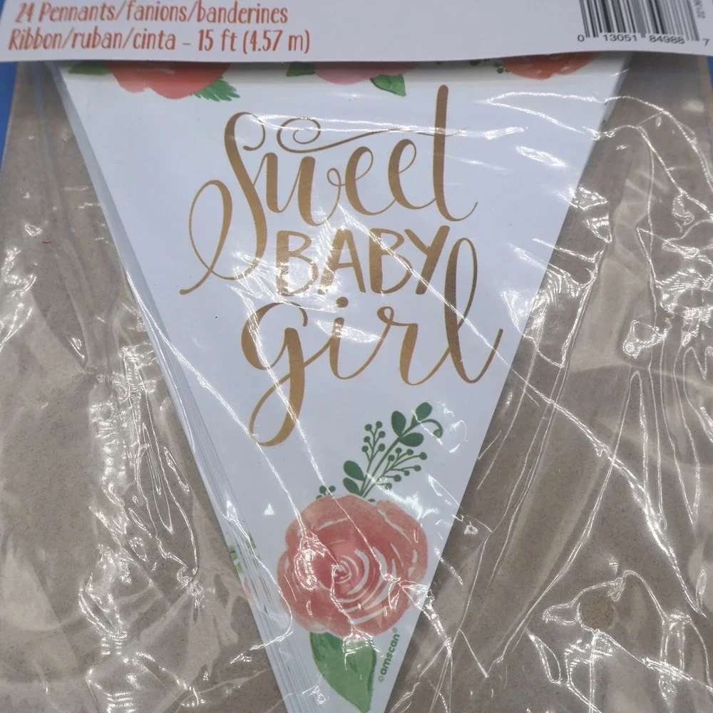 Amscan Sweet Baby Girl Banner Bunting 24 Pennants 15ft Ribbon Floral Rose Gold